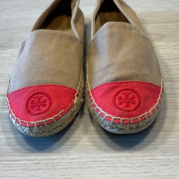 Tory Burch Color Block Espadrille Flat Canvas Tan Red- Size 7 Medium - Picture 3 of 16